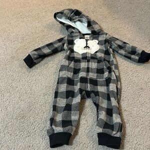 Carters Jumpsuit- Buffalo plaid black and gray with cute little bear- 12 months